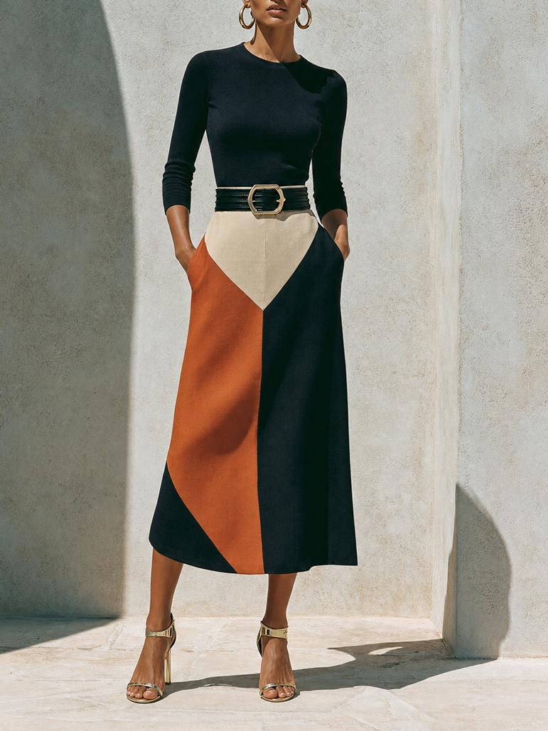Women's Elegant Black Knit Color-Block Belted Long Sleeve A-Line Midi DressMDZ1771G3ZSQ