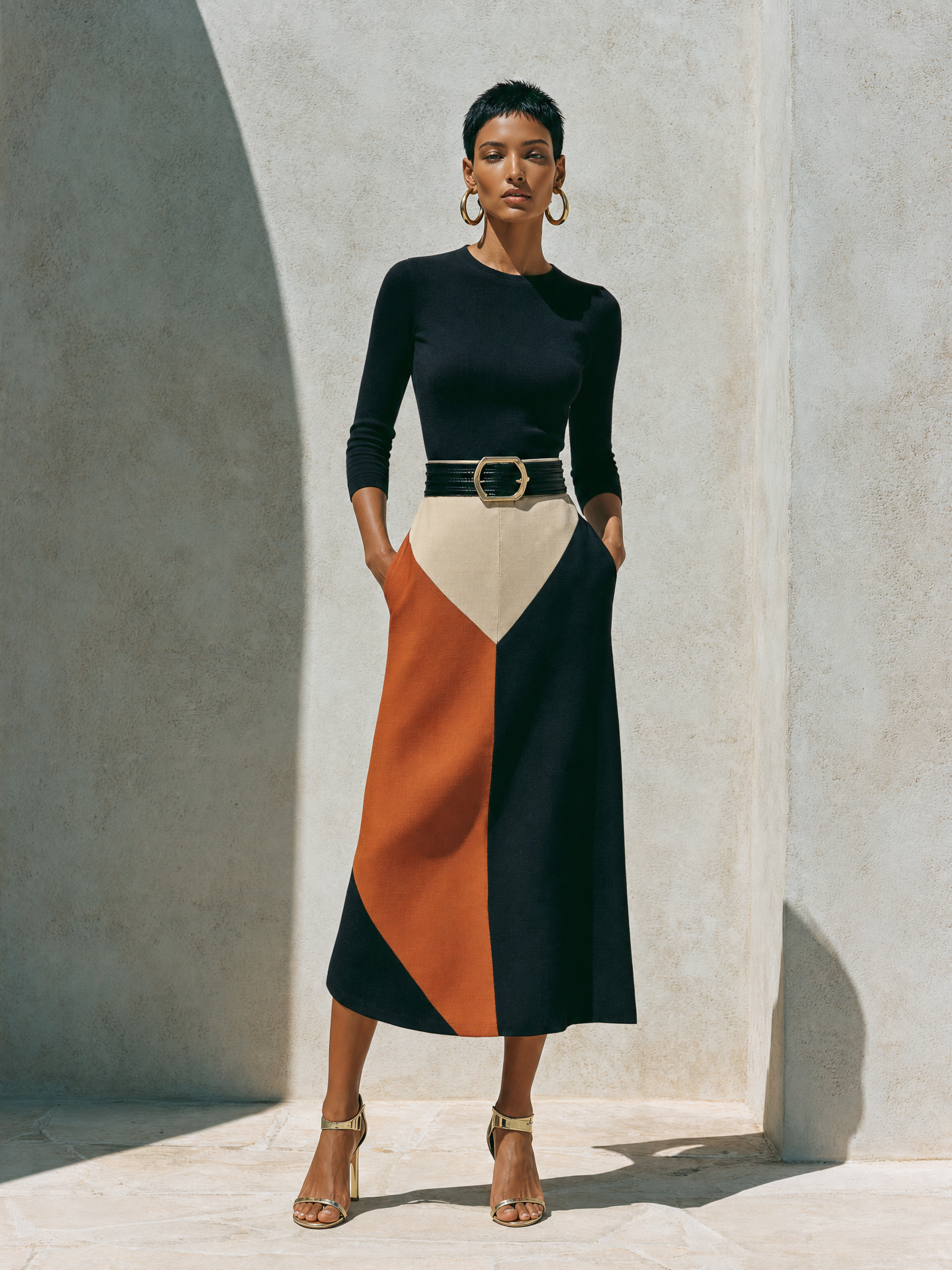 Women's Elegant Black Knit Color-Block Belted Long Sleeve A-Line Midi DressMDZ1771G3ZSQ