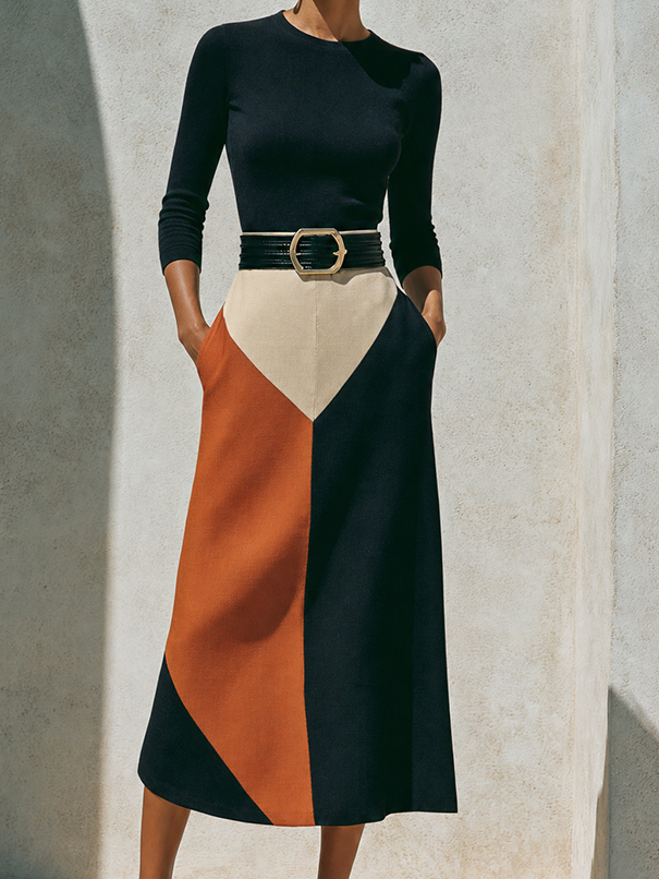 Women's Elegant Black Knit Color-Block Belted Long Sleeve A-Line Midi DressMDZ1771G3ZSQ
