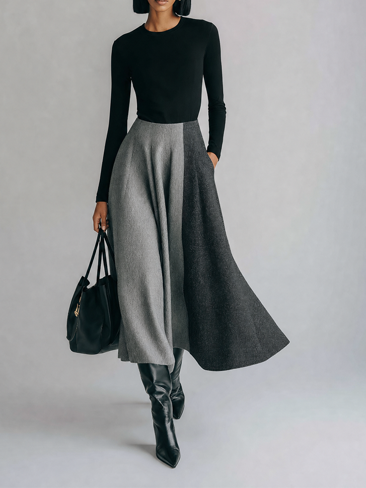 Women's Minimalist Black And Gray Color-Block Long Sleeve Midi DressMDZ1767G1ZSQ