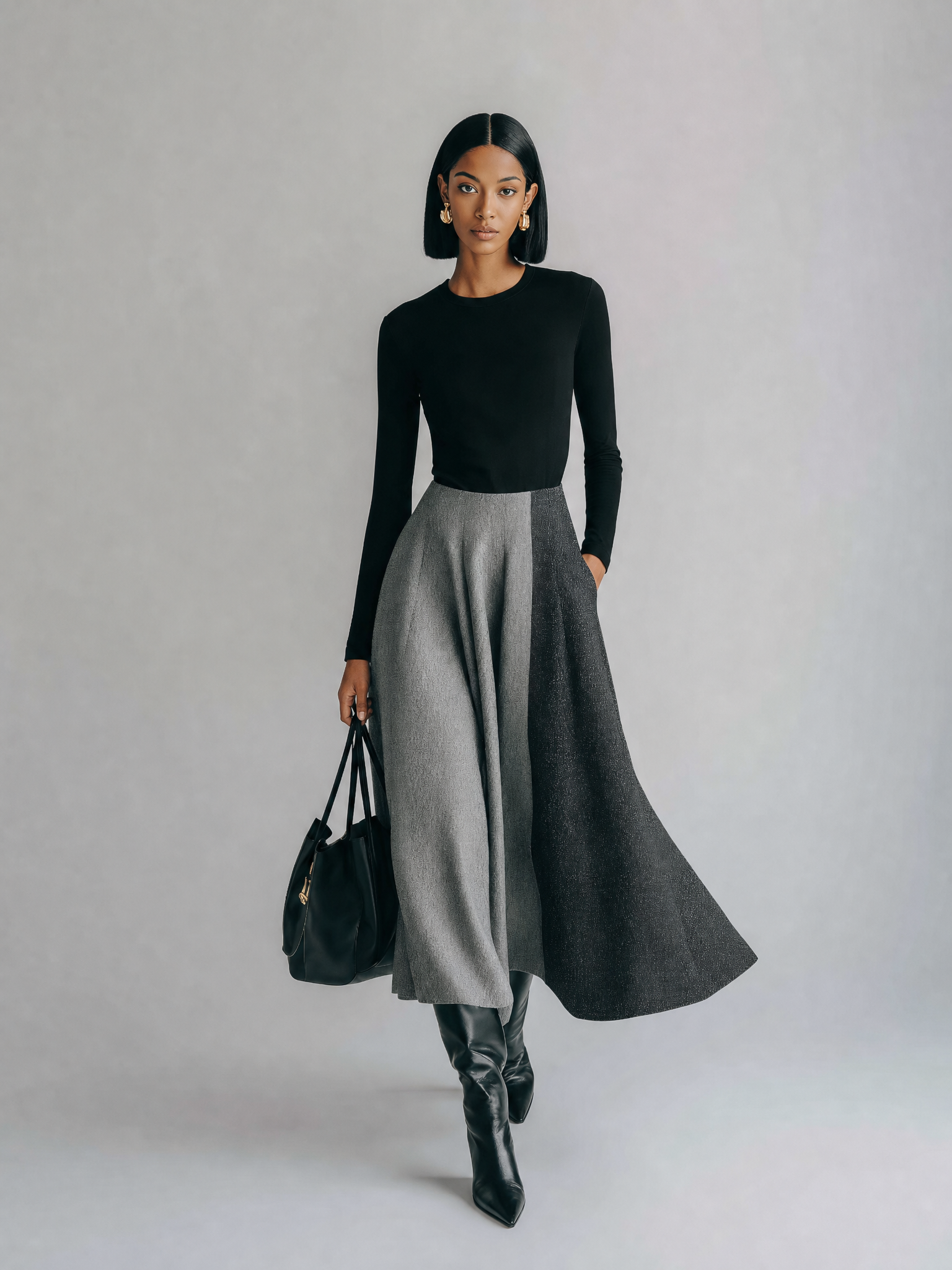 Women's Minimalist Black And Gray Color-Block Long Sleeve Midi DressMDZ1767G1ZSQ