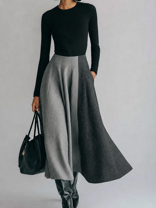 Women's Minimalist Black And Gray Color-Block Long Sleeve Midi DressMDZ1767G1ZSQ