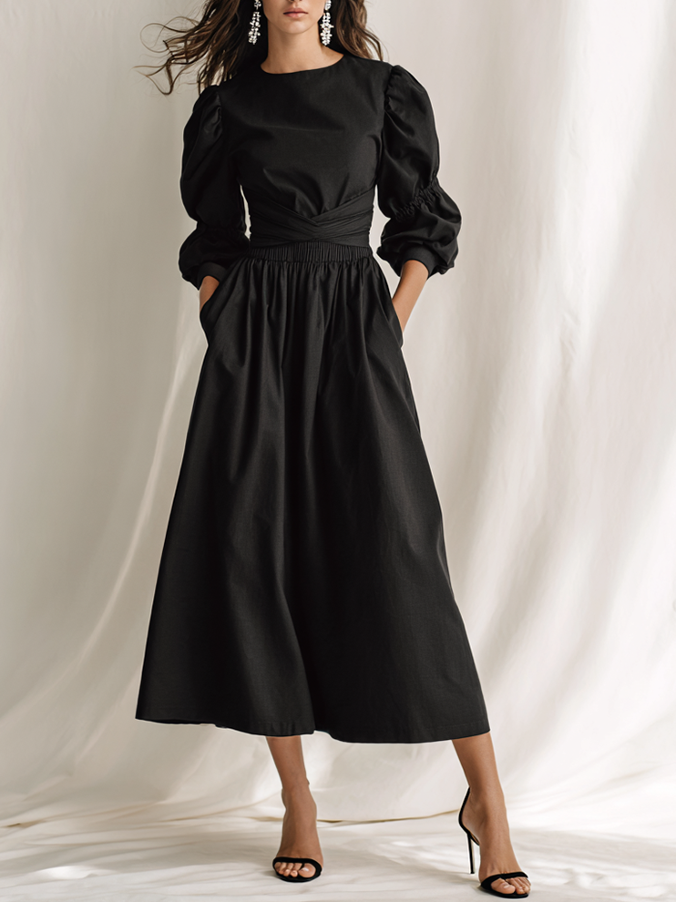 Women's Elegant Black Cotton Blend Round Neck Puff Sleeve Smocked Waist Midi DressMDZ1769G5ZSQ