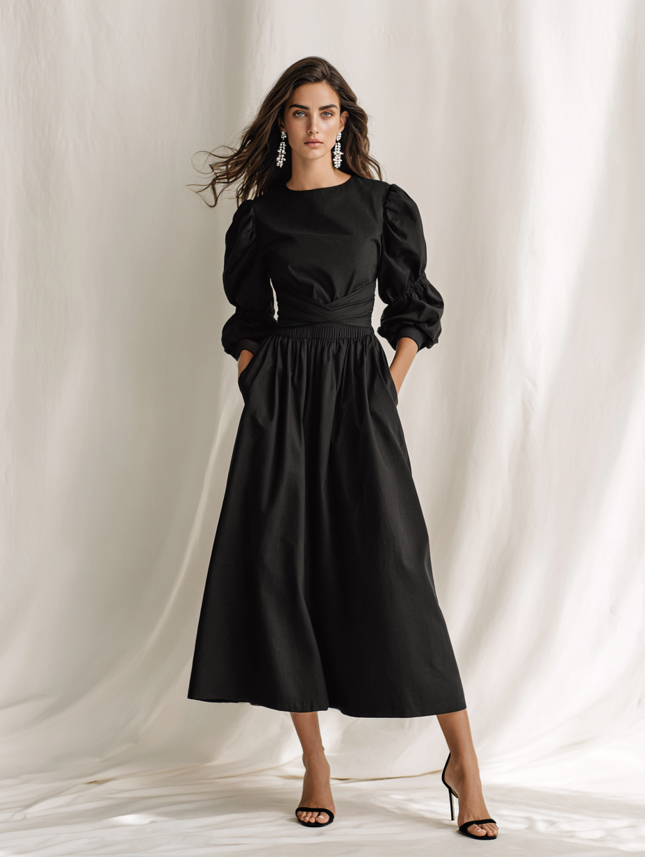 Women's Elegant Black Cotton Blend Round Neck Puff Sleeve Smocked Waist Midi DressMDZ1769G5ZSQ
