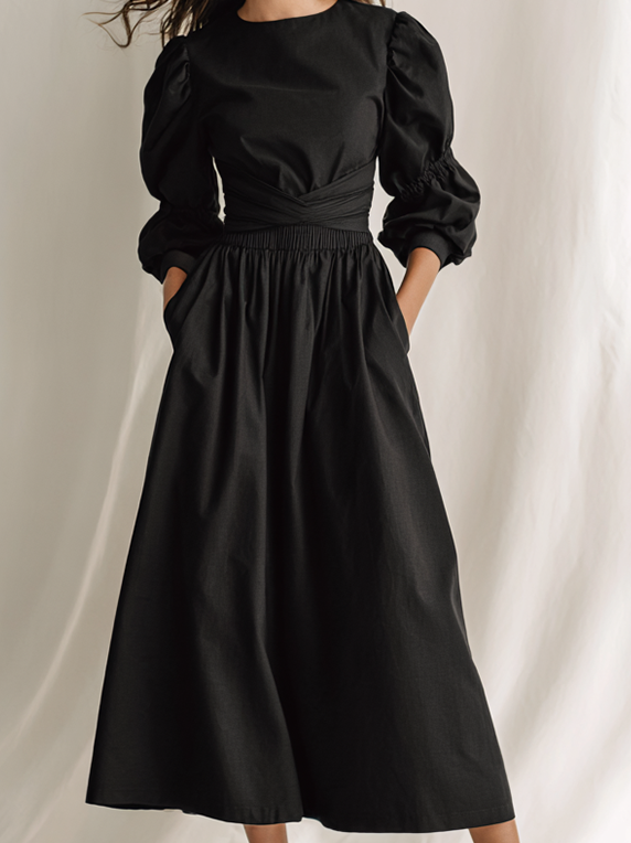Women's Elegant Black Cotton Blend Round Neck Puff Sleeve Smocked Waist Midi DressMDZ1769G5ZSQ