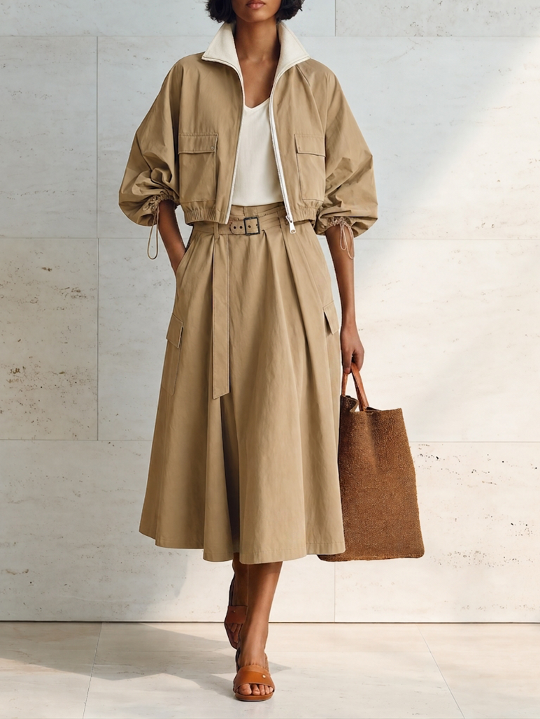 Women's Modern Khaki Cotton Blend Utility Cropped Jacket And Belted A-Line Midi Skirt Two-Piece SetMDZ1706G0ZSQ