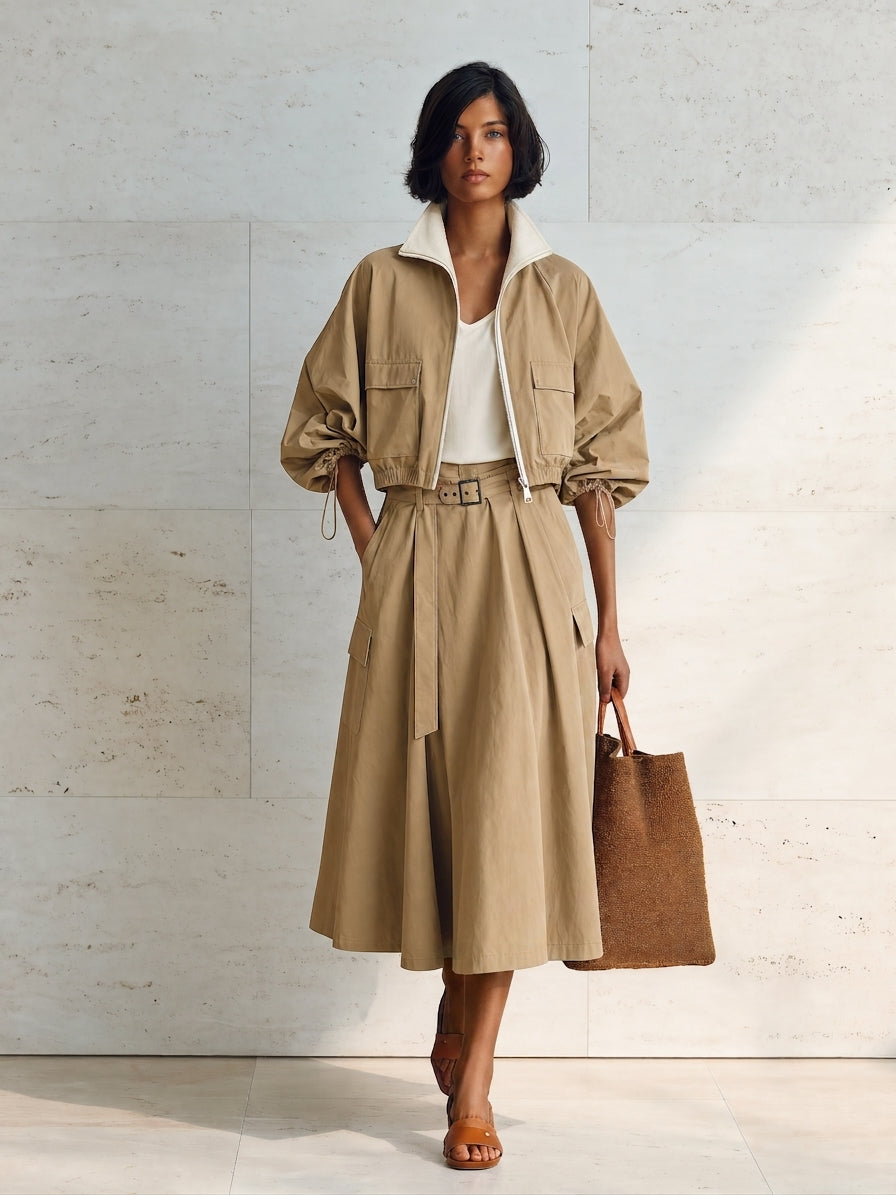 Women's Modern Khaki Cotton Blend Utility Cropped Jacket And Belted A-Line Midi Skirt Two-Piece SetMDZ1706G0ZSQ