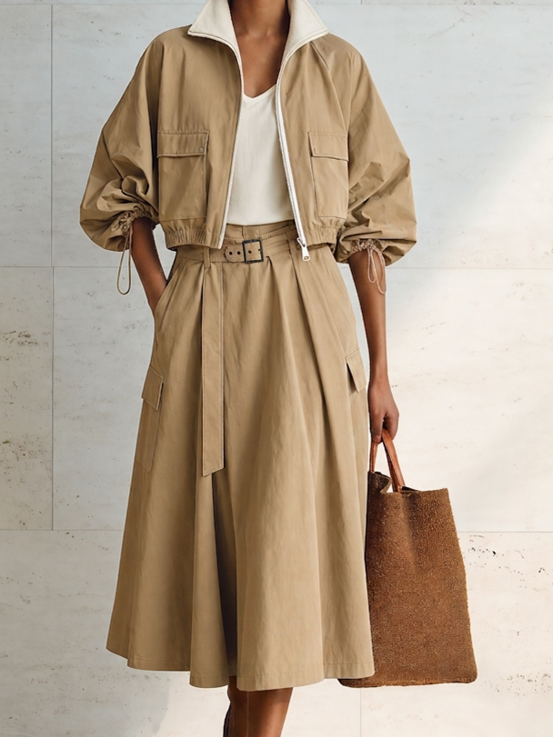 Women's Modern Khaki Cotton Blend Utility Cropped Jacket And Belted A-Line Midi Skirt Two-Piece SetMDZ1706G0ZSQ