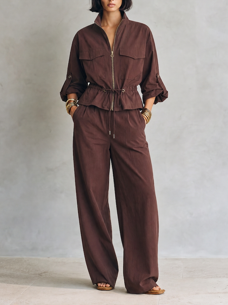 Women's Modern Chocolate Brown Utility Zip-Front Drawstring Jacket And Wide-Leg Pants Two-Piece SetMDZ1781G6ZSQ
