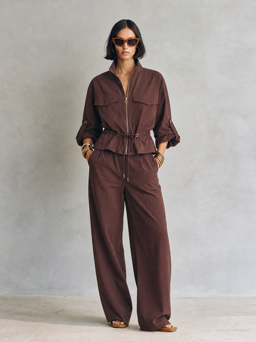 Women's Modern Chocolate Brown Utility Zip-Front Drawstring Jacket And Wide-Leg Pants Two-Piece SetMDZ1781G6ZSQ