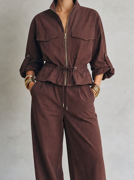 Women's Modern Chocolate Brown Utility Zip-Front Drawstring Jacket And Wide-Leg Pants Two-Piece SetMDZ1781G6ZSQ