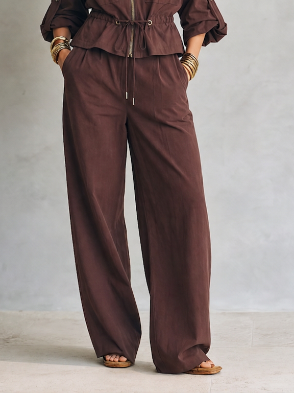 Women's Modern Chocolate Brown Utility Zip-Front Drawstring Jacket And Wide-Leg Pants Two-Piece SetMDZ1781G6ZSQ