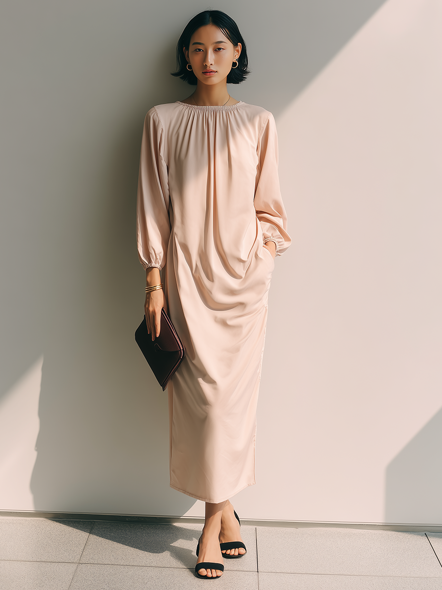 Women's Blush Cotton Blend Gathered Neck Balloon Sleeve Midi Dress MDZ1723G4ZRK