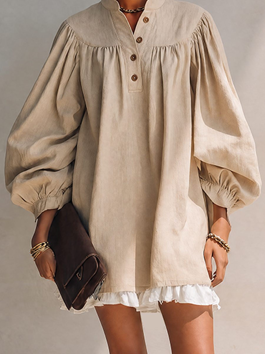 Women's Beige Cotton Blend Stand Collar Balloon Sleeve Mini Shirt Dress MDZ1784G0ZRK