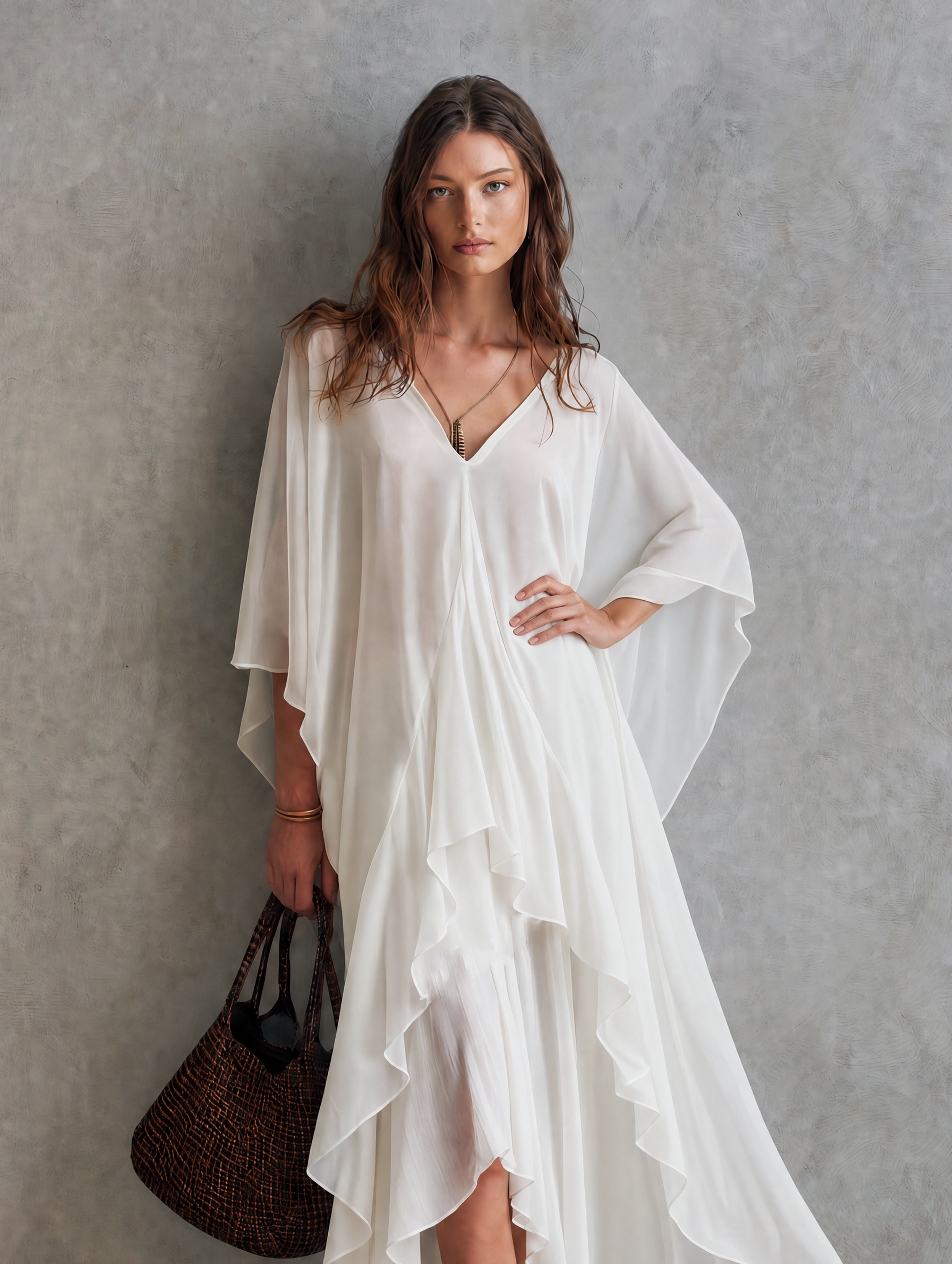 Women's Casual White Chiffon Maxi Dress With V-neck And Batwing Sleeves MDZ1728G4LXY