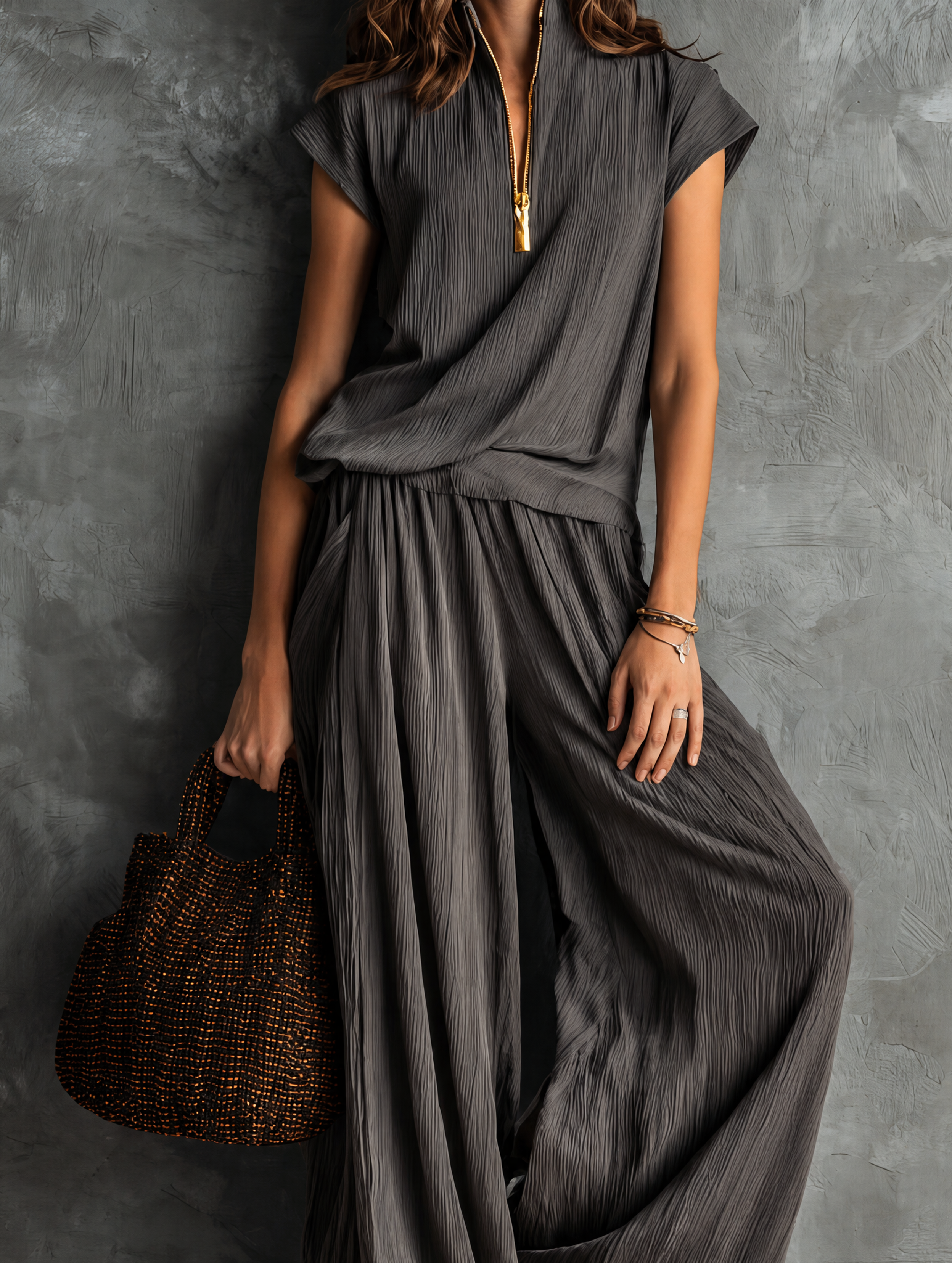 Women's Casual Grey Woven Pleated Short-sleeve Top Paired With Trousers MDZ1752G5LXY