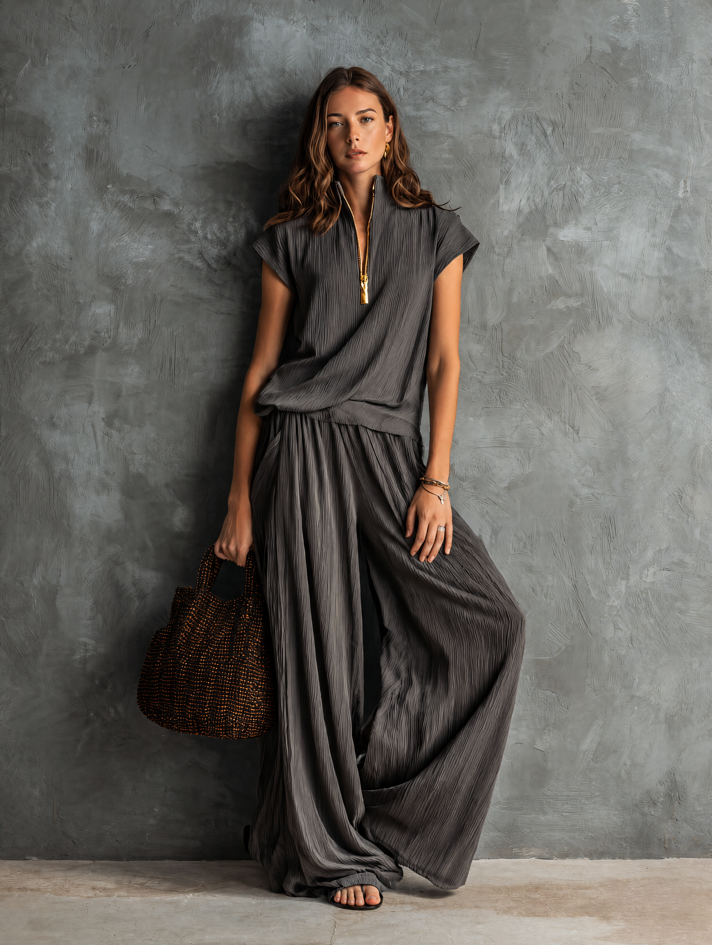 Women's Casual Grey Woven Pleated Short-sleeve Top Paired With Trousers MDZ1752G5LXY