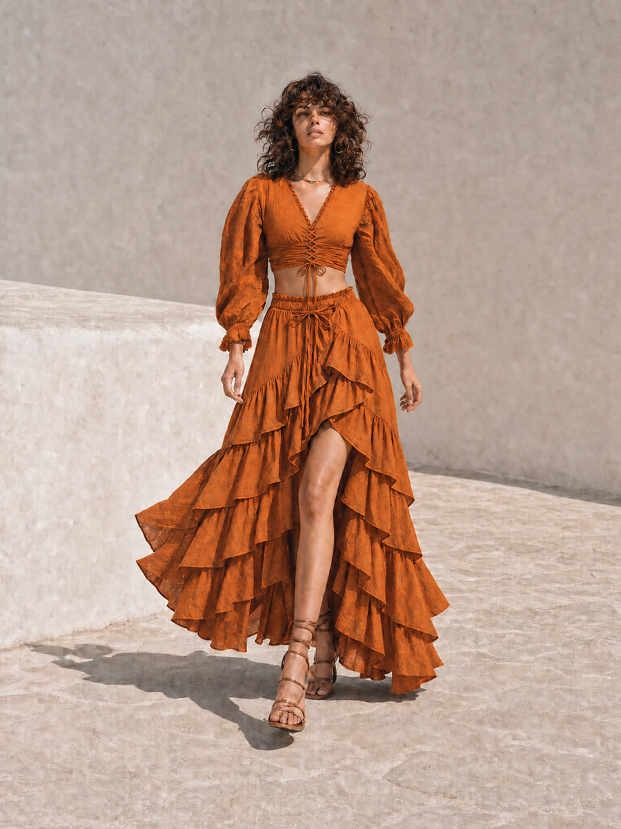 Caramel Lace-Up V-Neck Puff Sleeve Crop Top & Irregular Ruffle Maxi Skirt Two-Piece Set MDZ1708G3CMX