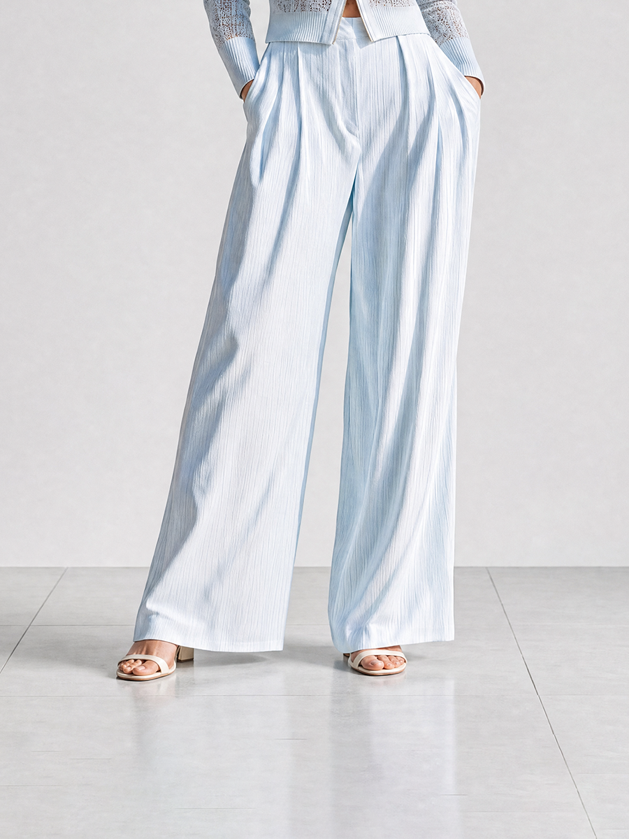 Women's Elegant Casual Light Blue Pointelle-Knit Zip-Up Lapel-Collar Long-Sleeve Cardigan & Wide-Leg Trouser Set MDZ1744G5CMX
