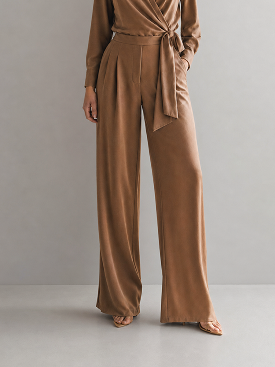 Caramel Wrap Tie Long Sleeve Shirt & Wide Leg Pants Two-Piece Set MDZ1754G3CMX