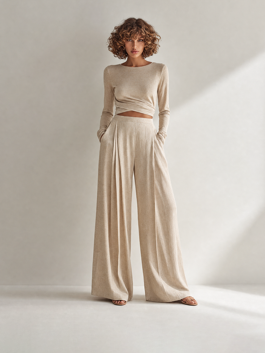 Beige Twist Wrap Long-Sleeve Knit Top Textured Wide-Leg Pants Two-Piece Set MDZ1703G5CMX