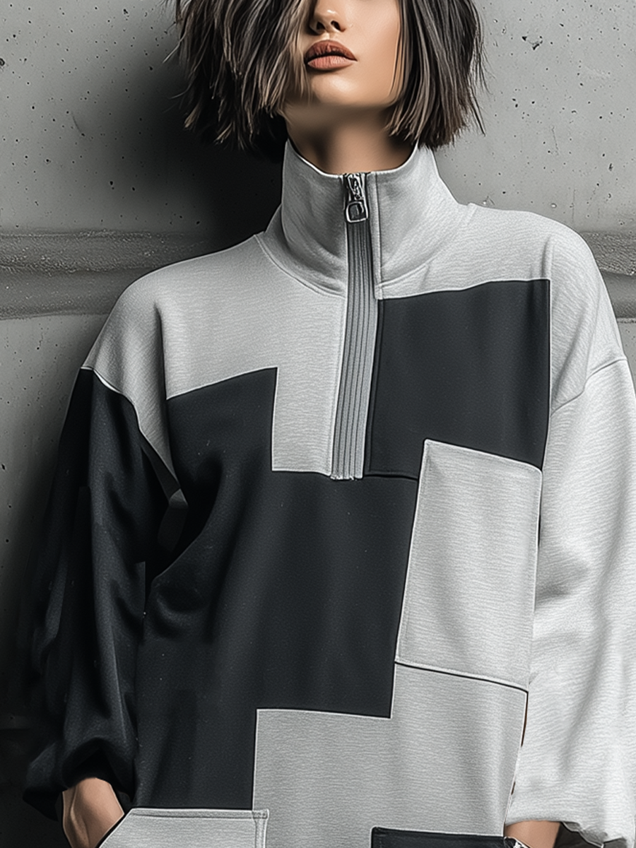 Women's Black Gray Color Block Scuba Knit Patchwork Half Zip Stand Collar Long Sleeve Side Pocket Oversized Mini Sweatshirt Dress MDZ1742G2YZJ