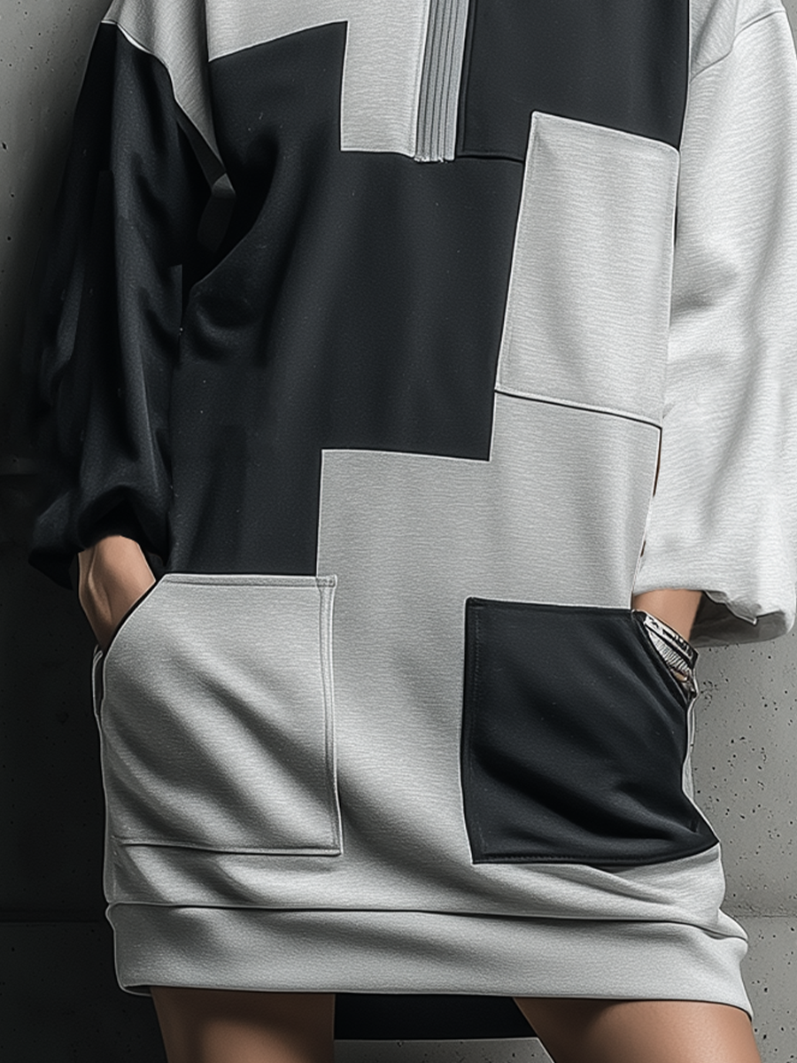 Women's Black Gray Color Block Scuba Knit Patchwork Half Zip Stand Collar Long Sleeve Side Pocket Oversized Mini Sweatshirt Dress MDZ1742G2YZJ