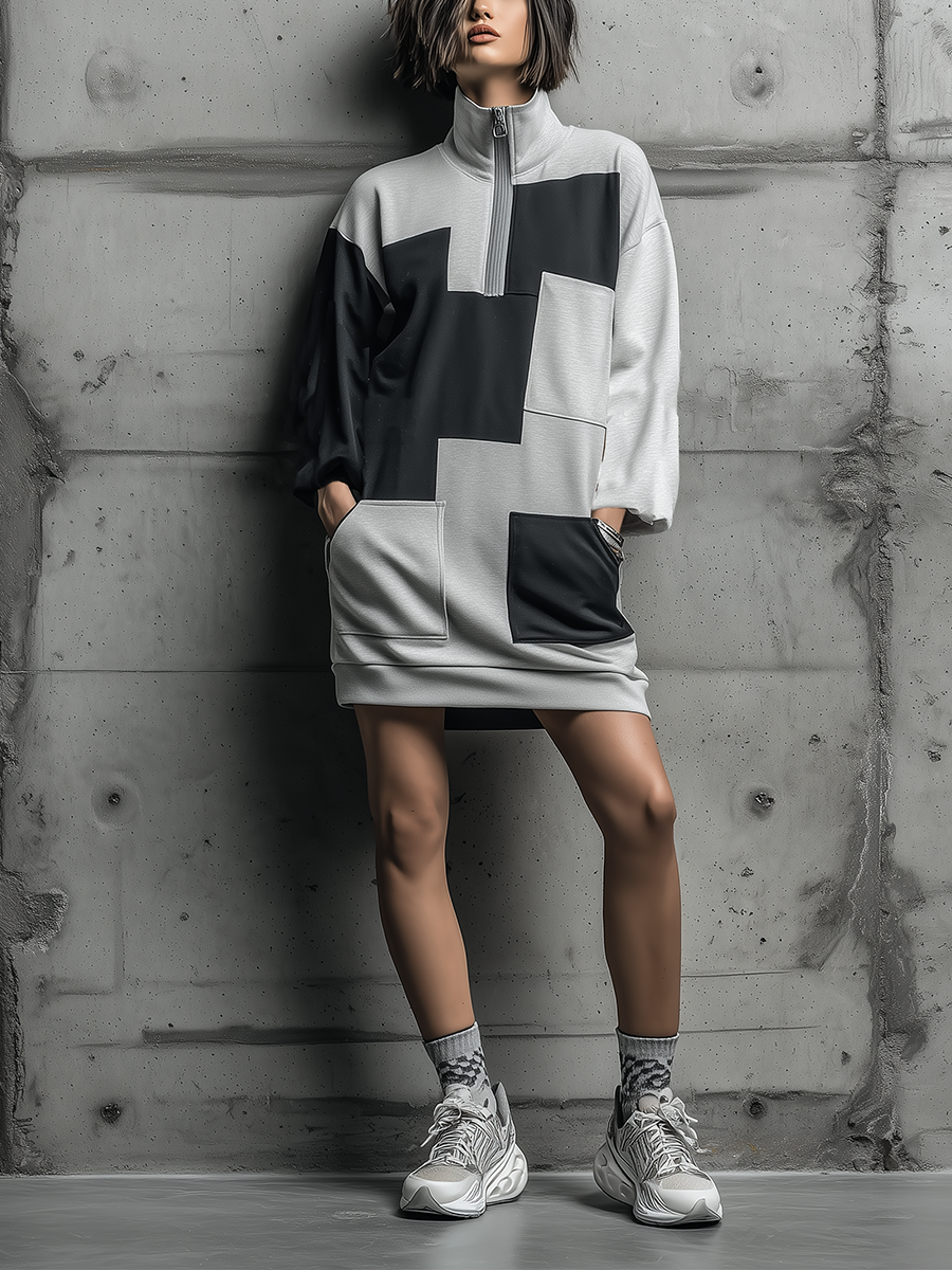Women's Black Gray Color Block Scuba Knit Patchwork Half Zip Stand Collar Long Sleeve Side Pocket Oversized Mini Sweatshirt Dress MDZ1742G2YZJ