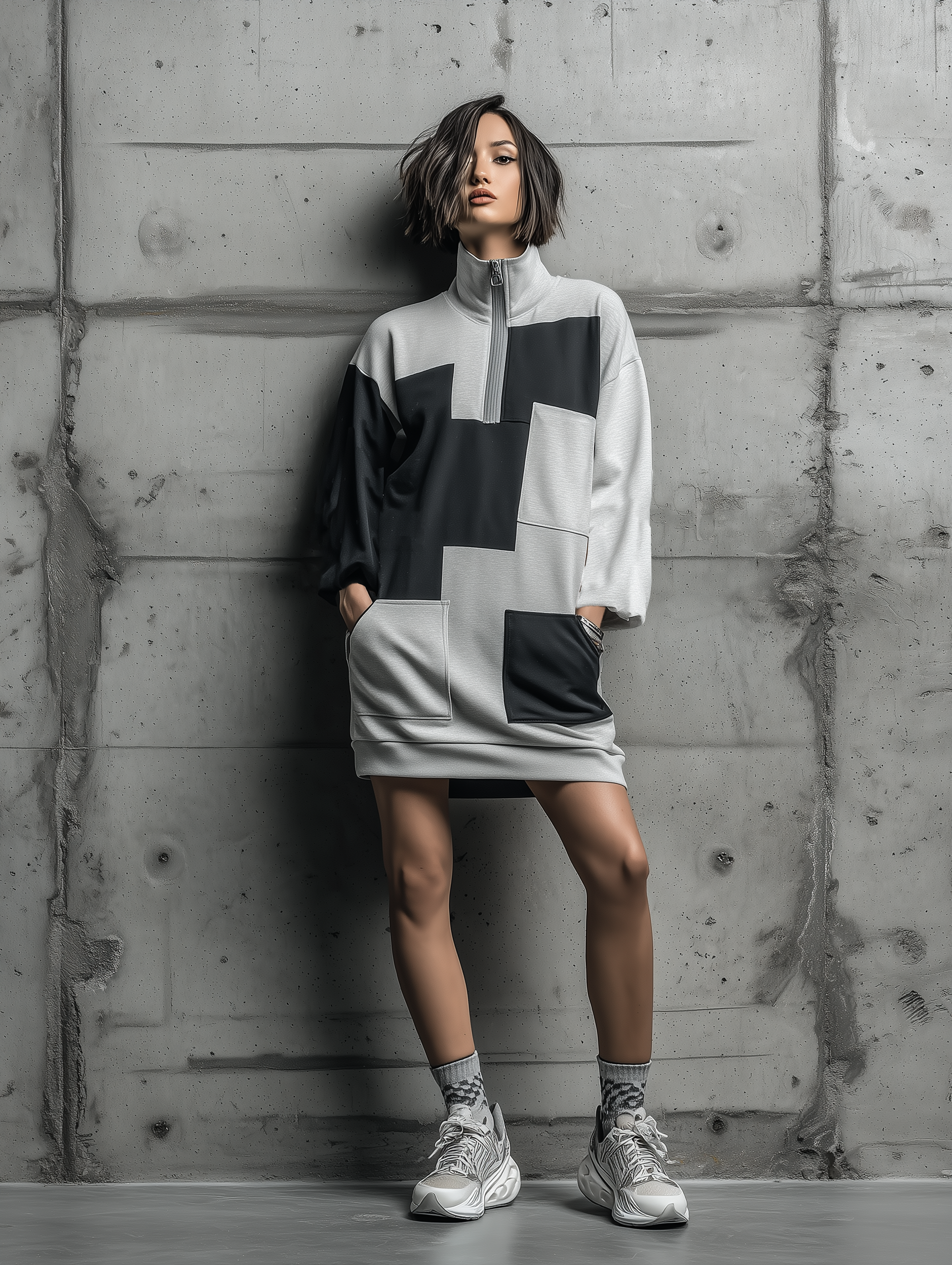 Women's Black Gray Color Block Scuba Knit Patchwork Half Zip Stand Collar Long Sleeve Side Pocket Oversized Mini Sweatshirt Dress MDZ1742G2YZJ