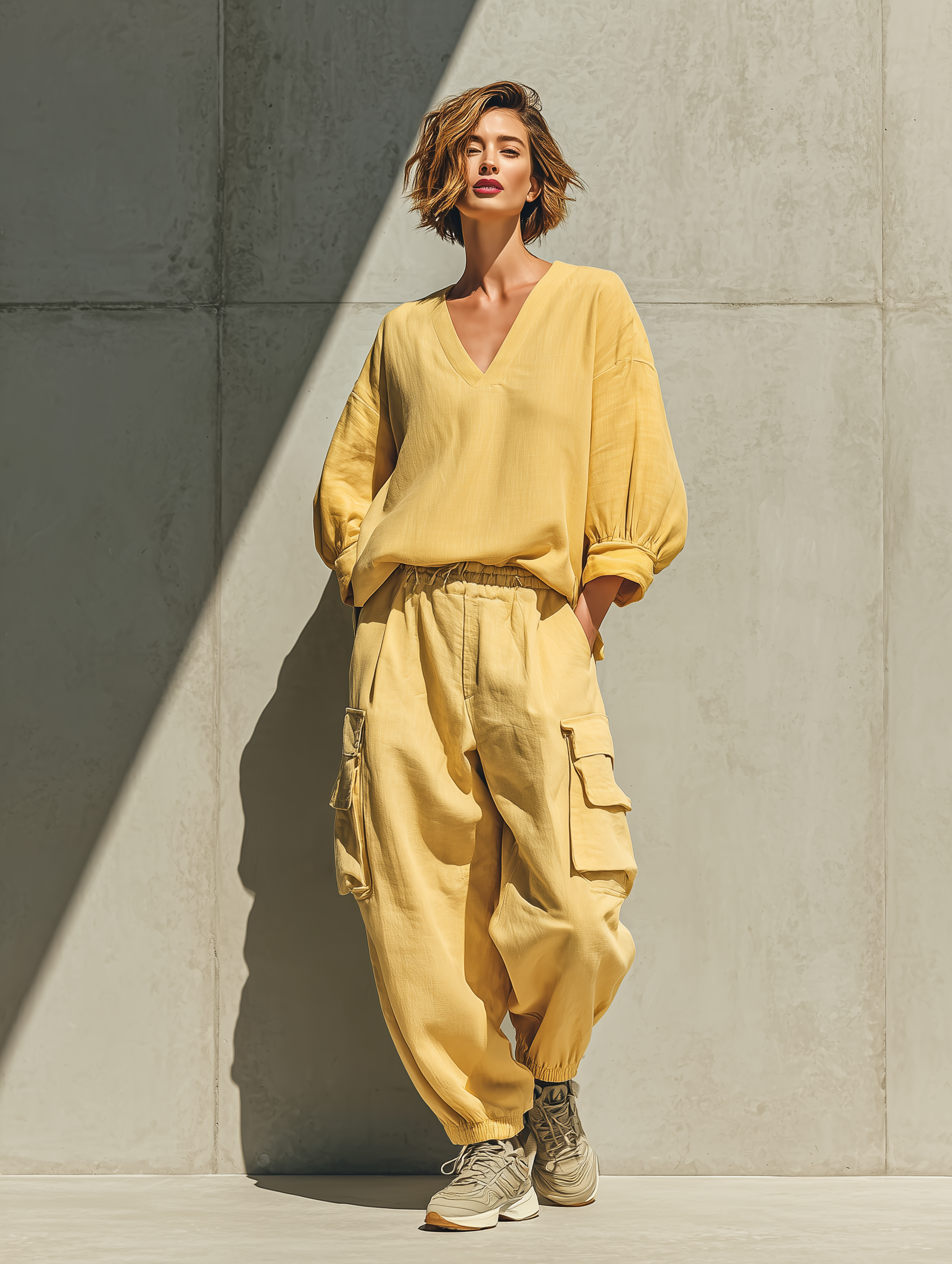Women's Lemon Yellow Cotton-linen blend V Neck Balloon Three Quarter Sleeve Loose Top Elastic Waist Multi Pocket Jogger Cargo Pant Two Piece Set MDZ1732G1YZJ