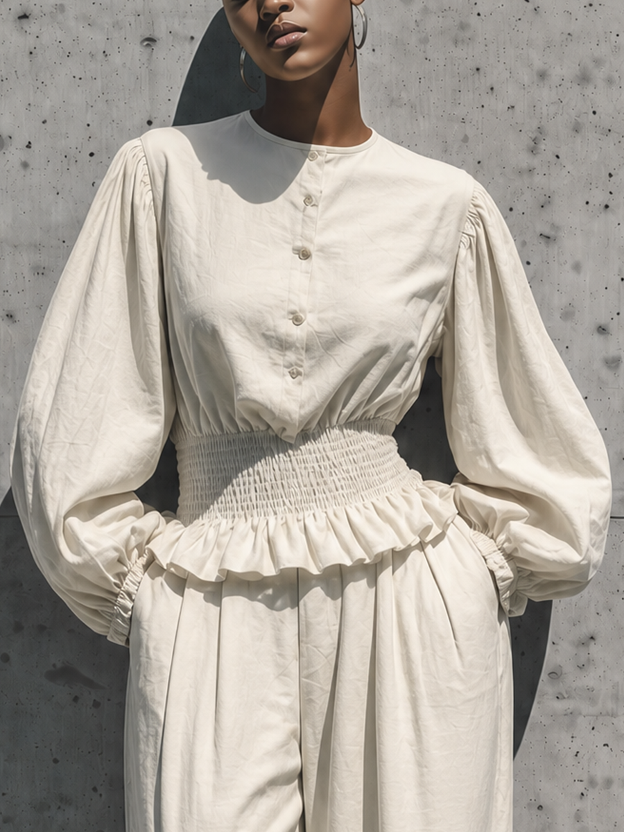 Women's Off White Cotton-linen blend Round Neck Half Button Balloon Sleeve Smocked Ruffle Waist Pleated Wide Leg Pant Two Piece Set MDZ1761G3YZJ