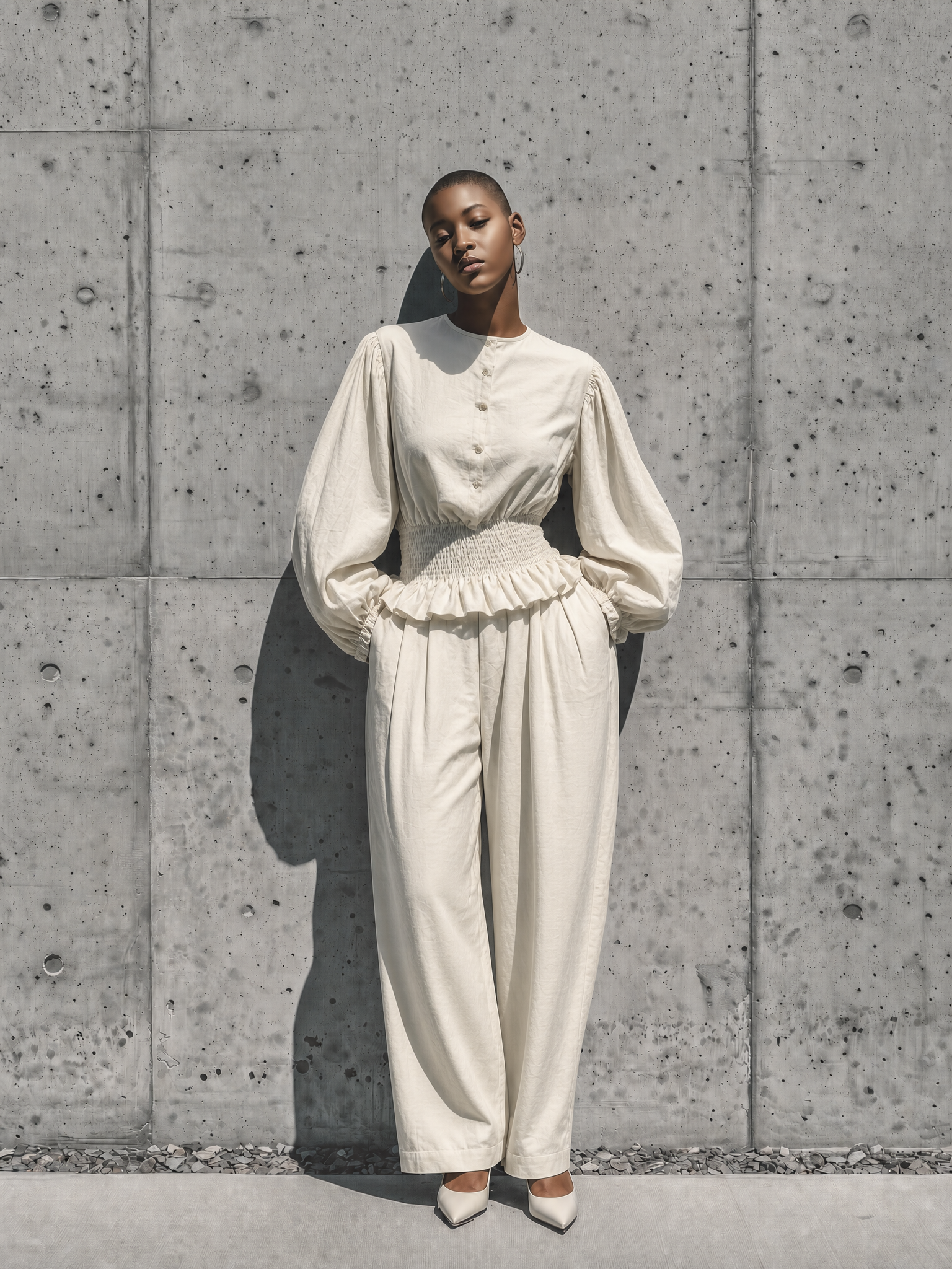 Women's Off White Cotton-linen blend Round Neck Half Button Balloon Sleeve Smocked Ruffle Waist Pleated Wide Leg Pant Two Piece Set MDZ1761G3YZJ