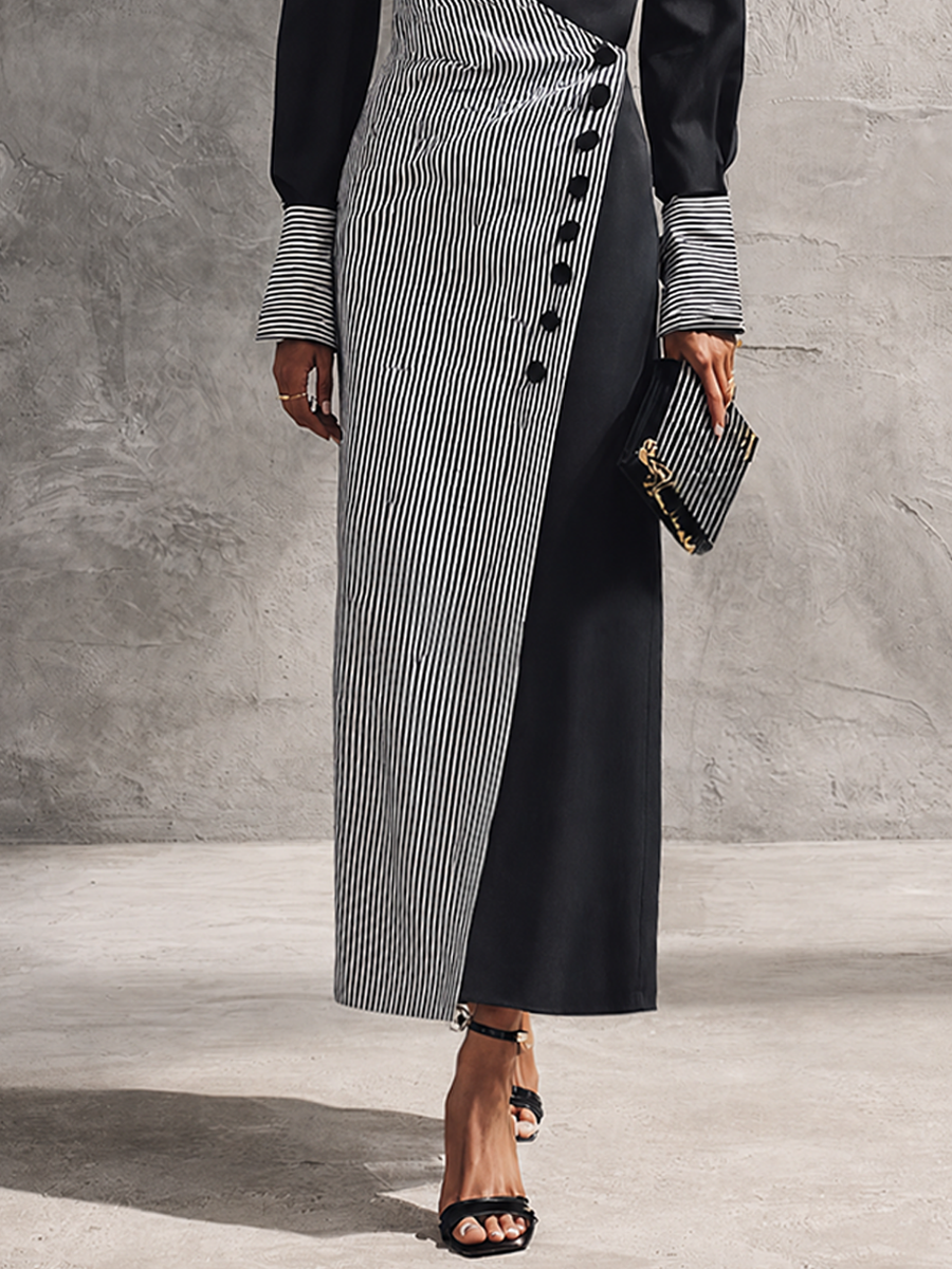 Women's Elegant Black Cotton Blend Color-Block Pinstripe Wrap Button Maxi Dress MDZ1729G8GMJ