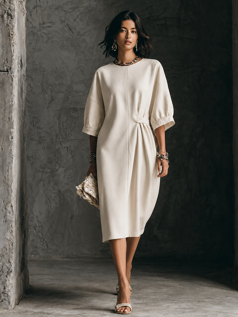 Women's Minimalist Ivory Cotton Blend Draped Waist Puff Sleeve Midi Dress MDZ1747G7GMJ