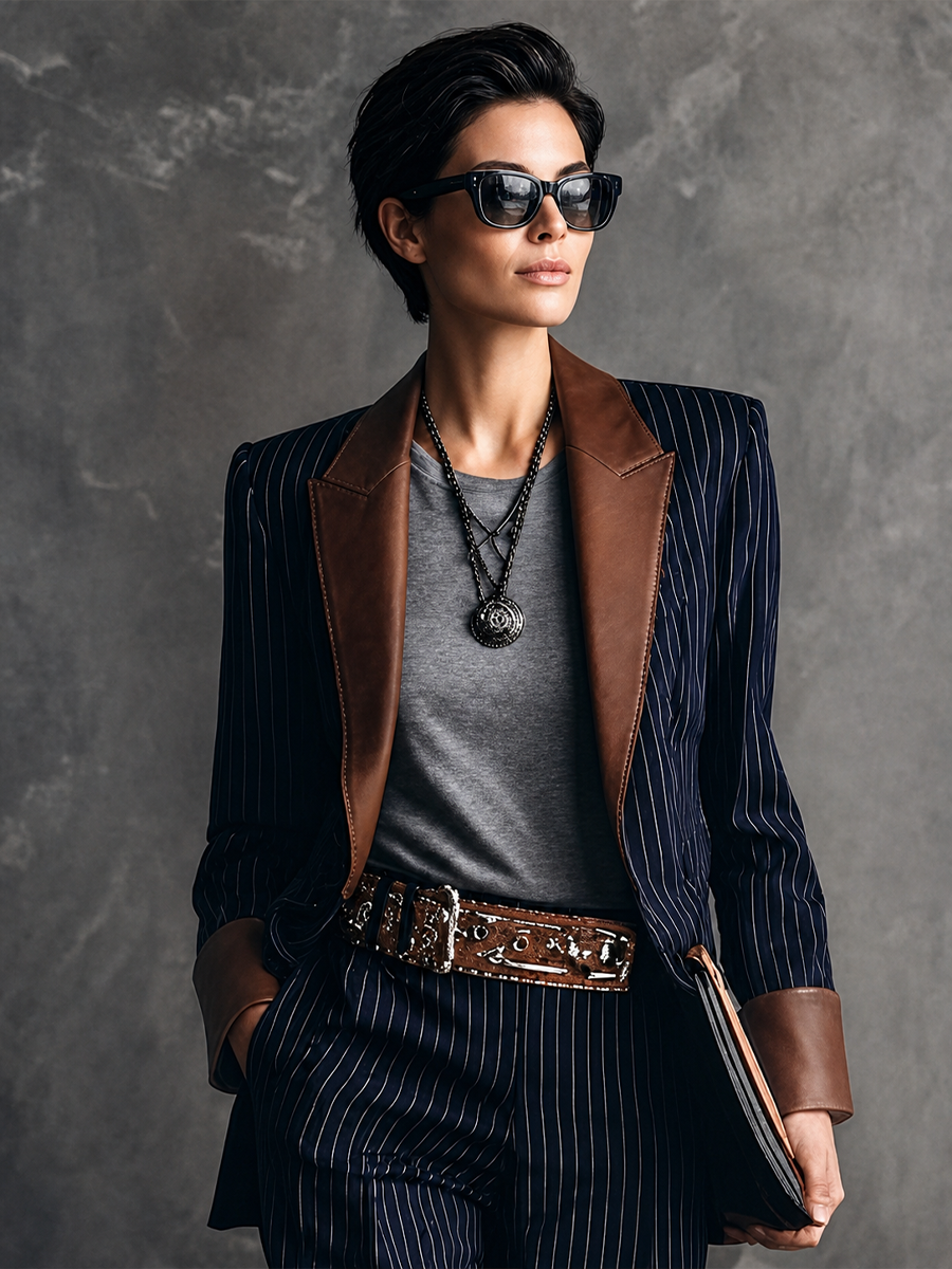 Women's Vintage-Style Navy Striped Cotton-Blend Blazer With Brown Leather-Look Contrast Collar MDZ1745G3GMJ