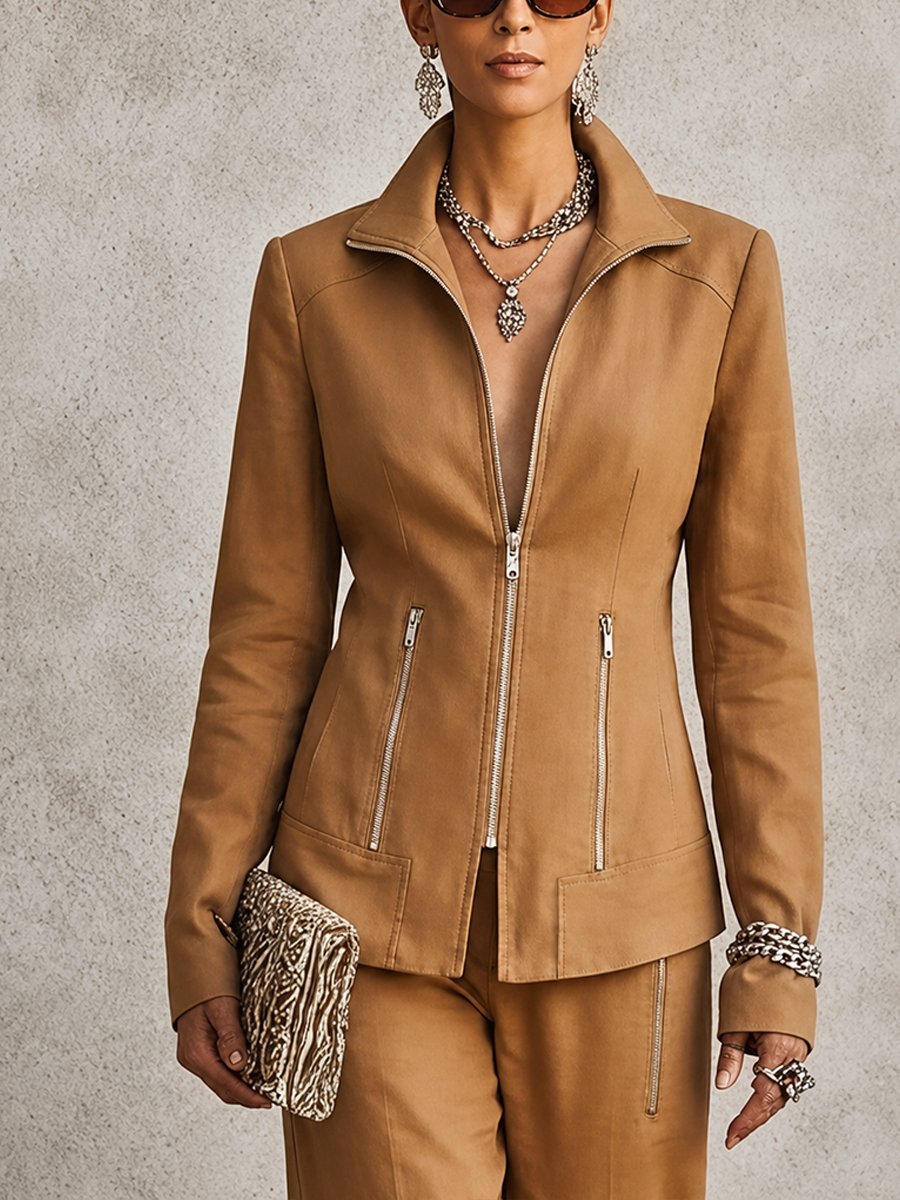 Women's Casual Brown Cotton-Blend Jacket With Stand Collar And Zip Pockets MDZ1787G7GMJ