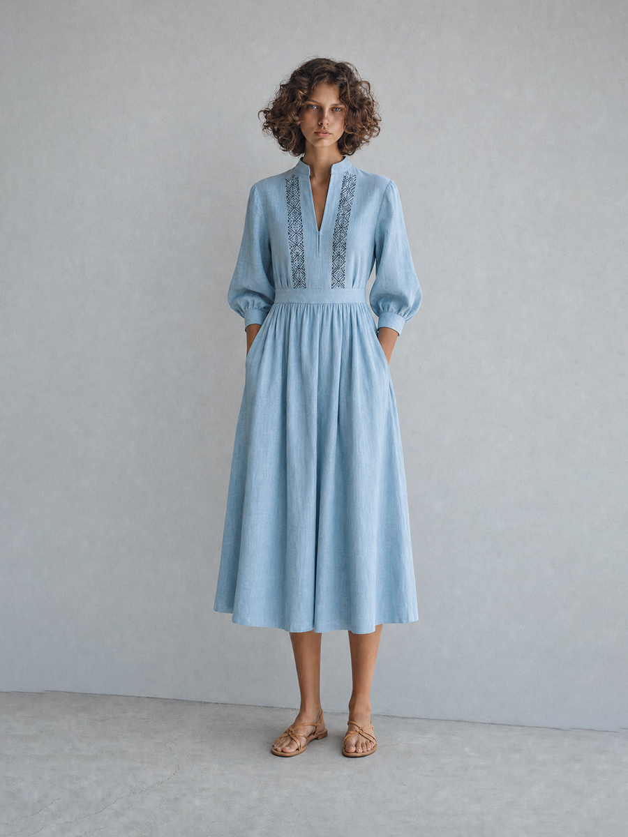 Women's Elegant Casual Light Blue Linen Embroidered Stand-Collar Three-Quarter Sleeve Midi Dress MDZ2034G2CMX