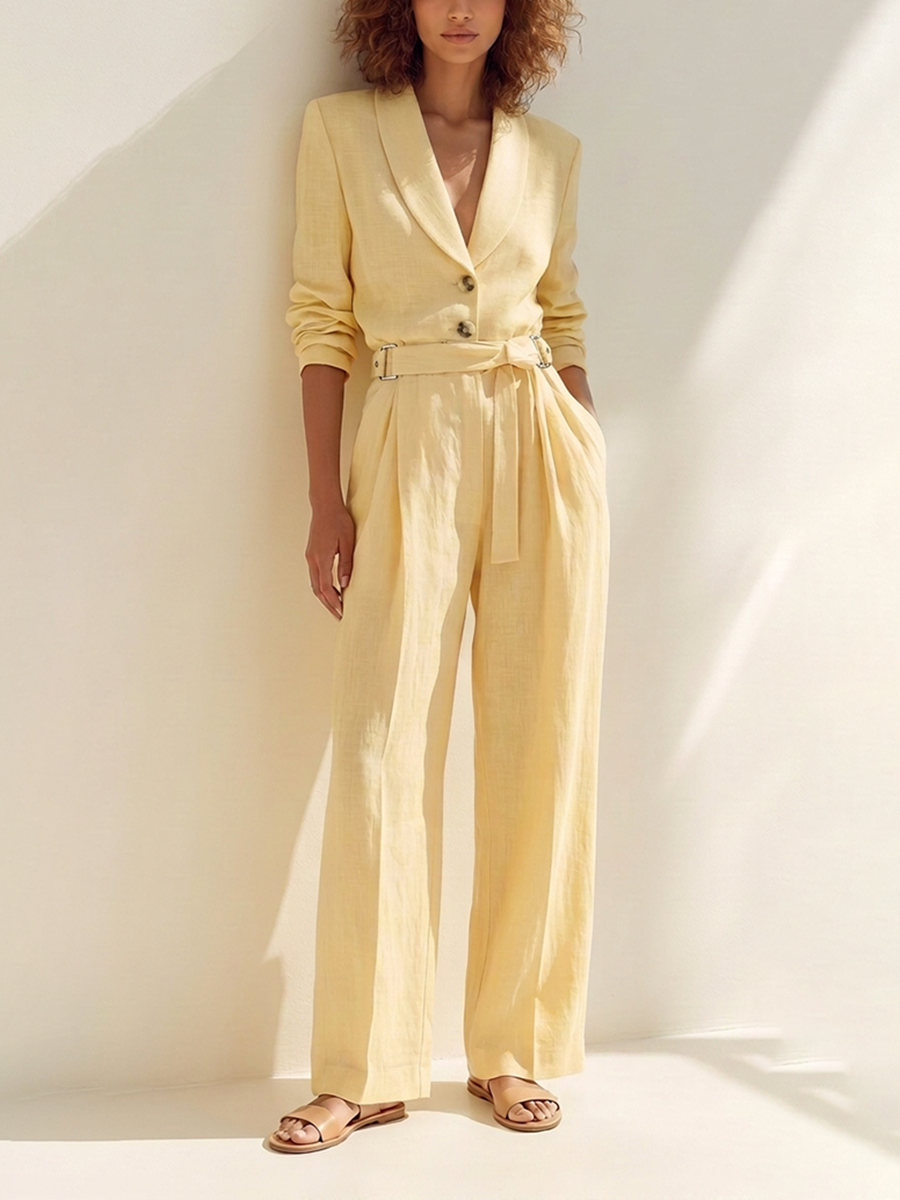 Women's Elegant Casual Light Yellow Linen Shawl-Collar Belted Blazer & Wide-Leg Trouser Set MDZ2011G8CMX