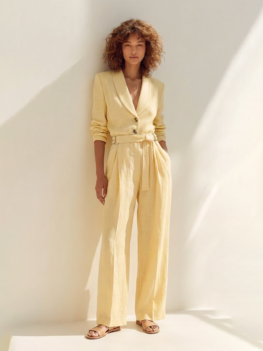 Women's Elegant Casual Light Yellow Linen Shawl-Collar Belted Blazer & Wide-Leg Trouser Set MDZ2011G8CMX