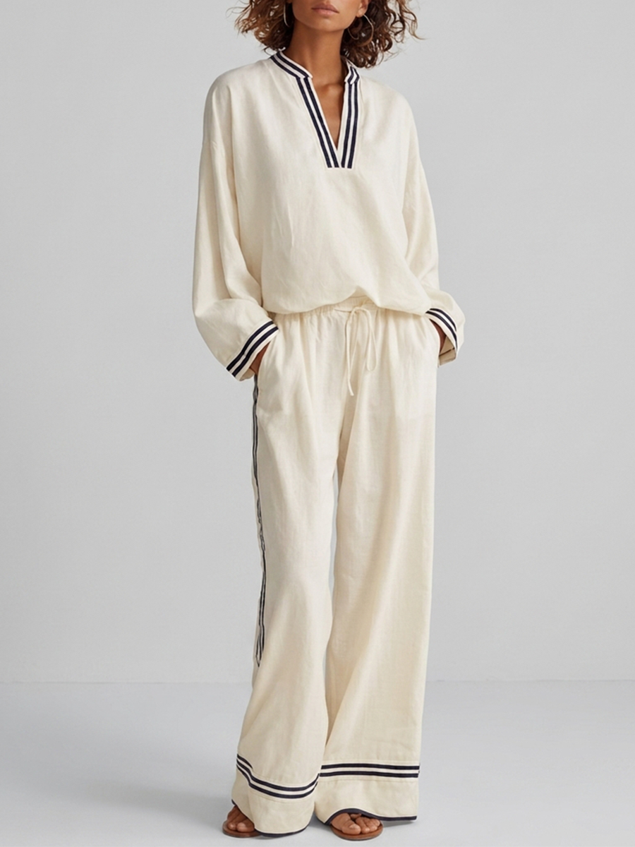 Women's Elegant Casual Off-white Linen Contrast-Stripe Stand-Collar V-Neck Long-Sleeve & Wide-Leg Trouser Set MDZ2059G3CMX