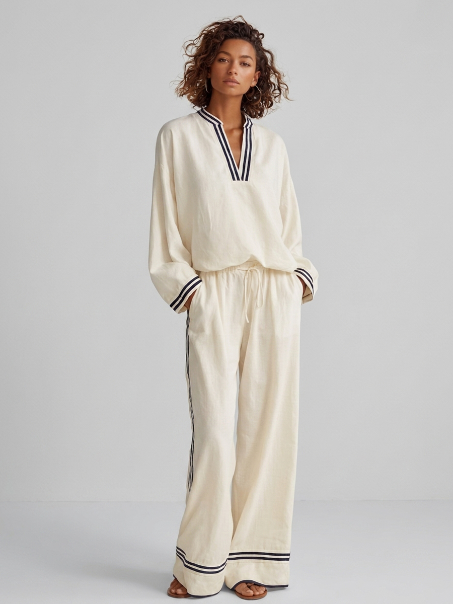 Women's Elegant Casual Off-white Linen Contrast-Stripe Stand-Collar V-Neck Long-Sleeve & Wide-Leg Trouser Set MDZ2059G3CMX