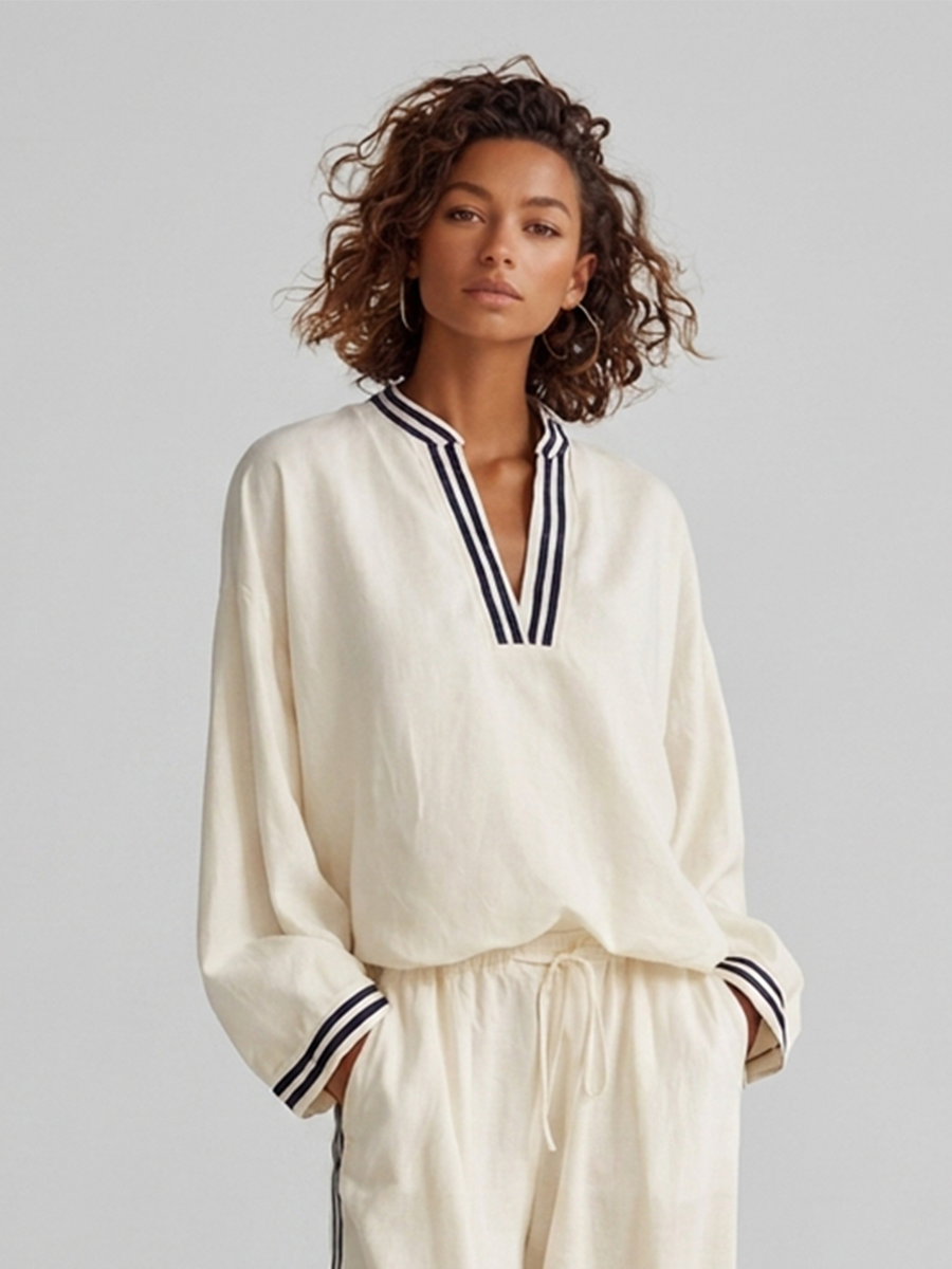 Women's Elegant Casual Off-white Linen Contrast-Stripe Stand-Collar V-Neck Long-Sleeve & Wide-Leg Trouser Set MDZ2059G3CMX