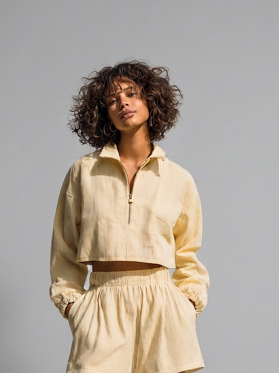 Women's Casual Light Yellow Corduroy Half-Zip Collared Long-Sleeve Cropped Jacket & Elastic-Waist Shorts Set MDZ2055G0CMX