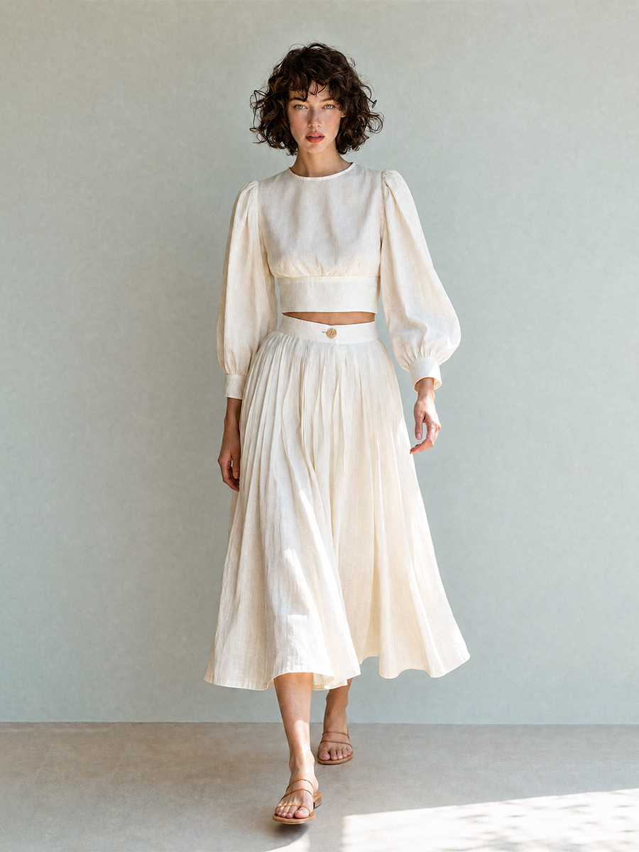 Women's Elegant Casual Ivory Linen Round-Neck Puff-Sleeve Cropped Top & High-Waisted Midi Skirt Set MDZ2083G8CMX