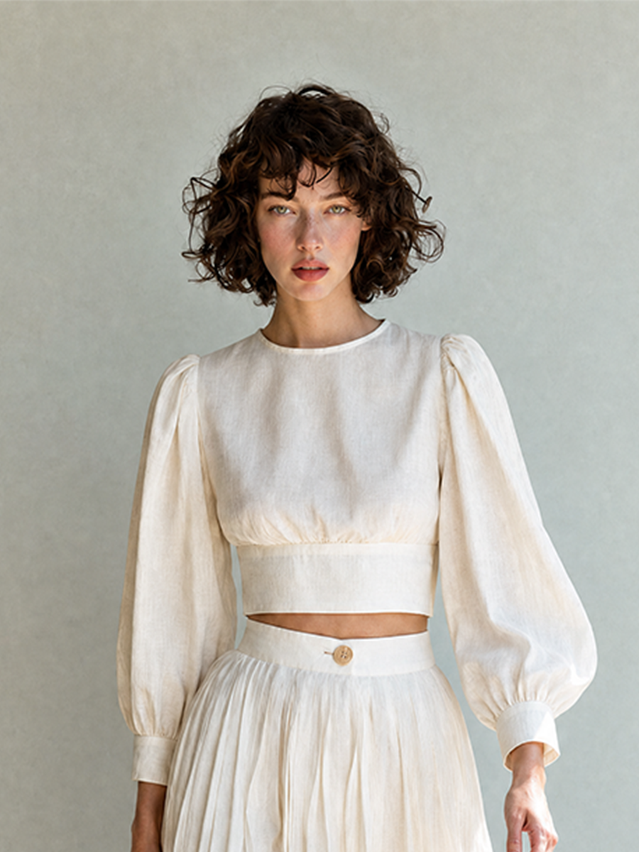 Women's Elegant Casual Ivory Linen Round-Neck Puff-Sleeve Cropped Top & High-Waisted Midi Skirt Set MDZ2083G8CMX