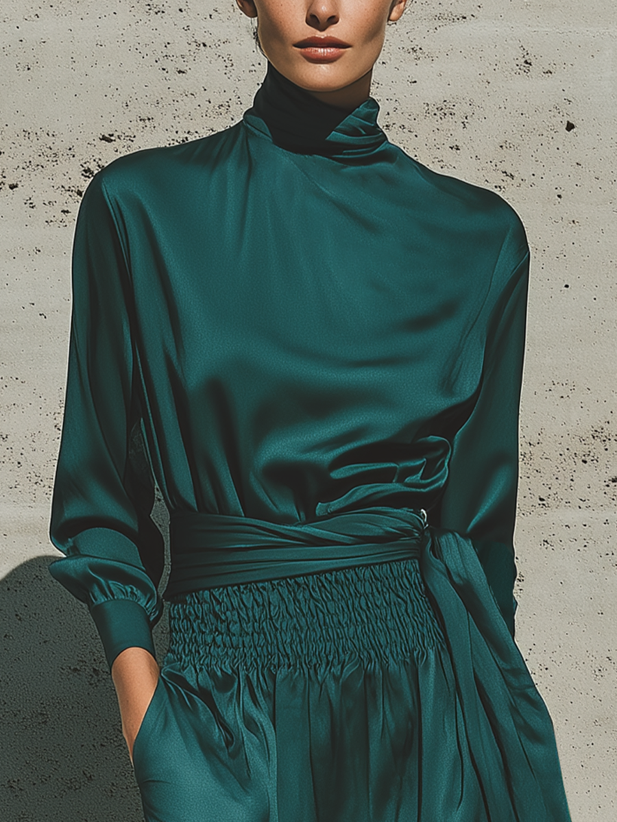 Women's Forest Green Glossy Satin Turtleneck Balloon Sleeve Self Fabric Sash Elastic Smocked Waist Casual Midi Dress MDZ2046G1YZJ