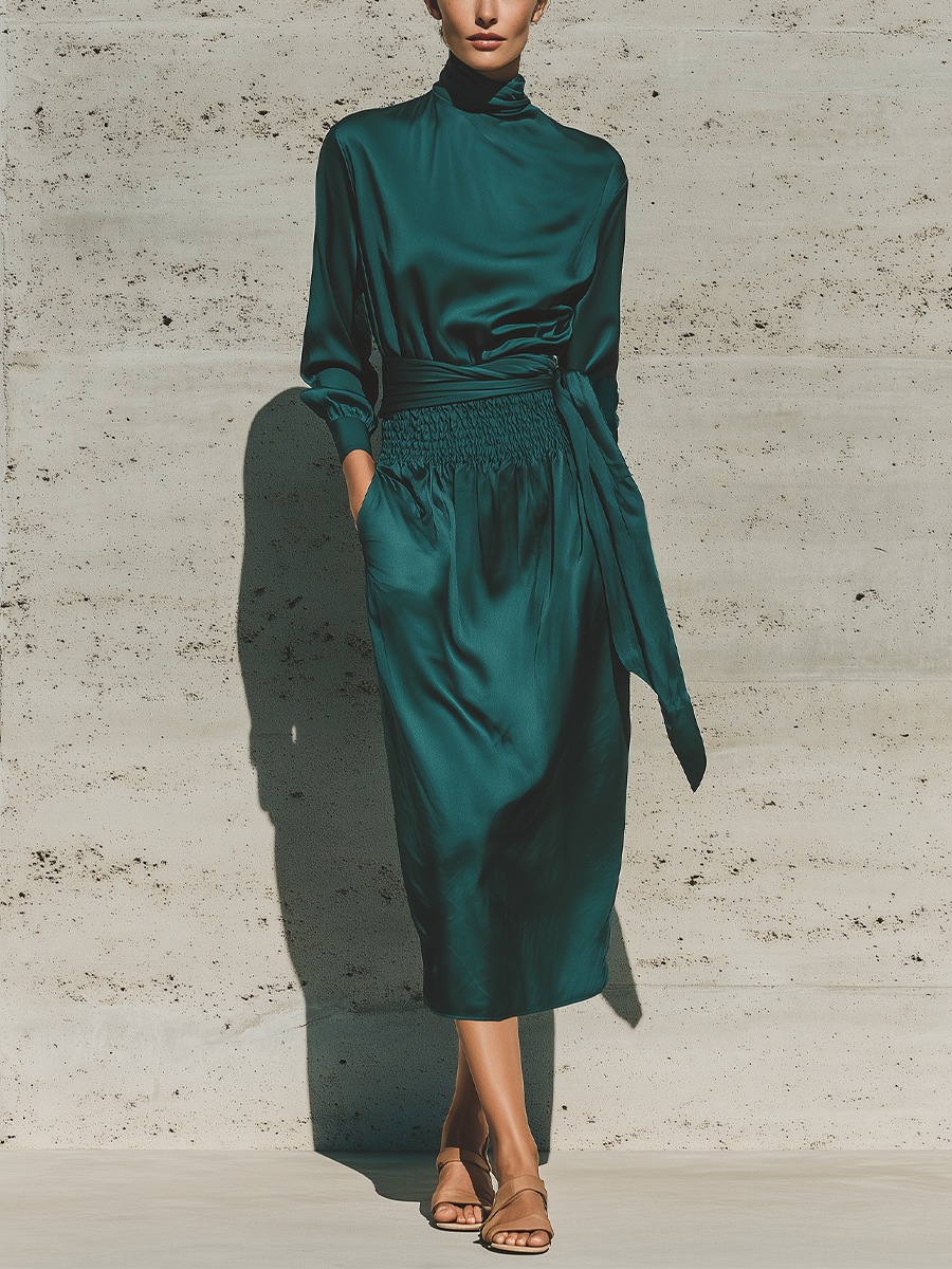 Women's Forest Green Glossy Satin Turtleneck Balloon Sleeve Self Fabri – Modesees