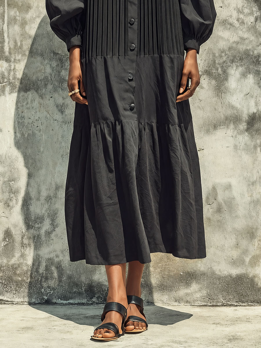Women's Solid Black Cotton Blend Lapel Vertical Pleat Front Gathered Cuff Loose Fit Tiered Ruffle Midi Shirt Dress MDZ2092G4YZJ
