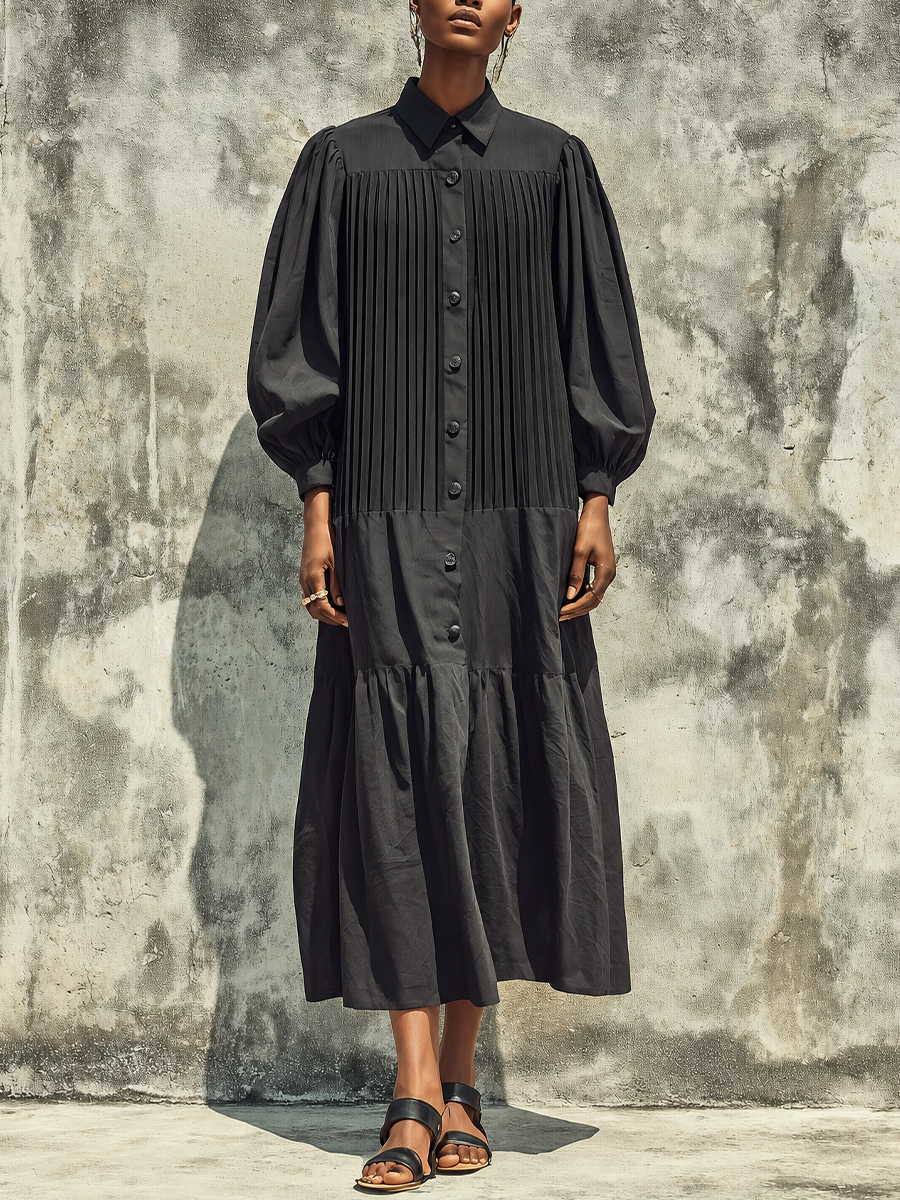 Women's Solid Black Cotton Blend Lapel Vertical Pleat Front Gathered Cuff Loose Fit Tiered Ruffle Midi Shirt Dress MDZ2092G4YZJ