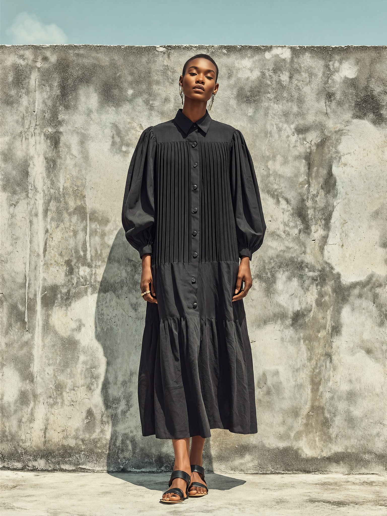 Women's Solid Black Cotton Blend Lapel Vertical Pleat Front Gathered Cuff Loose Fit Tiered Ruffle Midi Shirt Dress MDZ2092G4YZJ